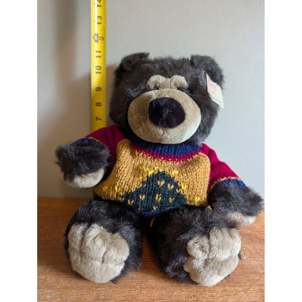 Vtg 90s Plush Black Bear Hand Knit Sweater Christmas Tree Winter 12in MTY Int'l